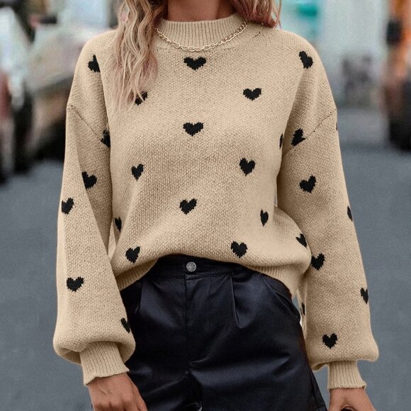 Apricot Casual Womens Heart Pattern Mock Neck Drop Shoulder Sweater - Picture 5 of 5